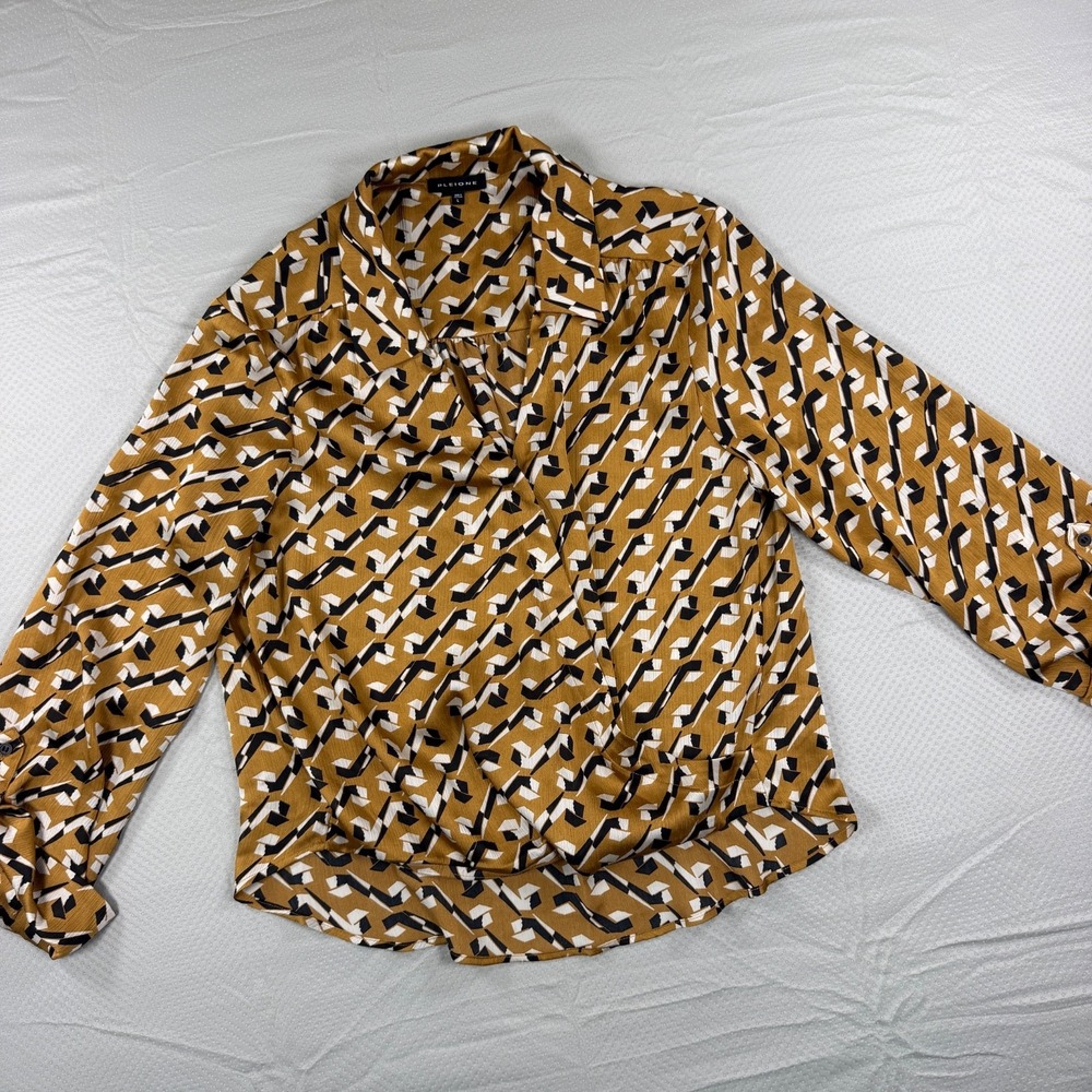 Pleione Womens Large Mustard Yellow Geometric Wrap Front Roll Tab Sleeve Blouse